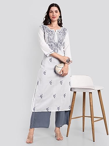 Image of Seva Chikan Hand Embroidered Lucknowi Chikankari Regular Straight Cotton Kurta Kurti for Women SCL4243