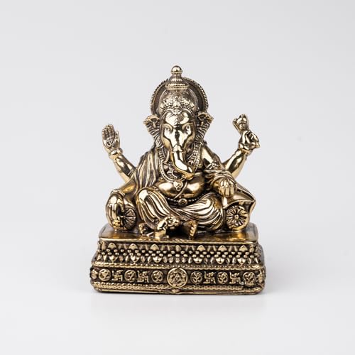 Image of Artarium Brass Chawki Ganesha Statue Car Dashboard (Height 4 inch), Small Ganpati ji Murti for Car Accessories, Home Decor, Office Gifting and Pooja Room (Golden Finish)