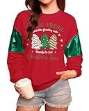 For G and PL Women's Christmas Oversized Glittery Print Patent Leather Patchwork Sleeves Shirts Graphic Casual Crewneck Sweatshirts Red Xmas Tree M