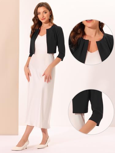 Image of Allegra K 3 /4 Sleeve Shrug Top for Women's Collarless Pleated Open Front Cropped Cardigan