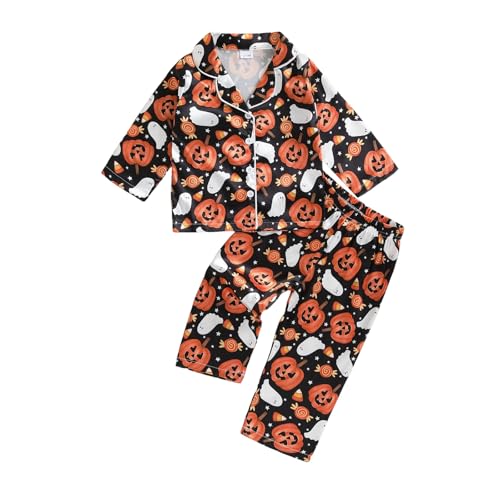 Kavousa Halloween Pajamas Kids Pjs Set Toddler Baby Girl Silk Long Sleeve Lapel Button Down Tops Matching Sleepwear (Halloween pajamas B 4-5 Years)