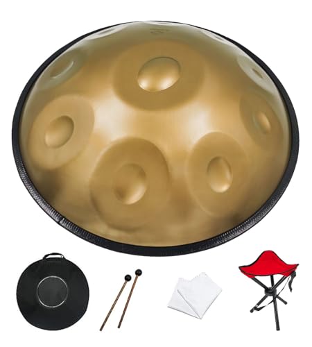 GLADFRESIT Handpan 22-inch, 10 notes, comes with a handpan backpack, stand, two mallets, and cleaning cloth. (Golden, 440hz)