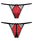 FEELITS 22 Momme 100% Mulberry Silk Thong for Women - Shiny Silk G-String Panties, Sexy Lace Trim T-back