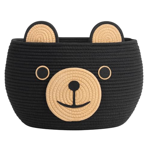 Image of CherryNow Woven Rope Basket, Bear Baskets for Gifts Empty, Large Storage Basket for Living Room Nursery, Decorative Animal Baskets with Handles, Black, 15.7 inchD x 10.5 inchH