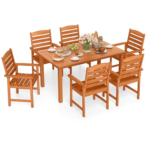 Tangkula 7 Pieces Outdoor Dining Set for 6, Patio Solid Wood Slatted Rectangular Dinner Table and Armchairs Set w/Umbrella Hole, Teak Oil Finish, for Lawn, Deck, Yard, Porch and Poolside