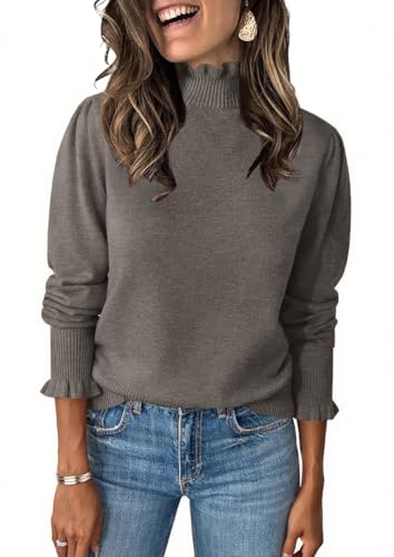 Image of Womens Ruffle Mock Neck Sweater Puff Long Sleeve Fall Trendy Pullover Tops