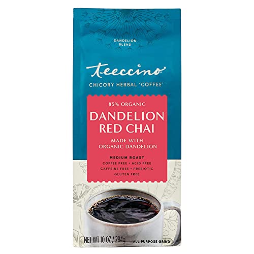 Teeccino Dandelion Root Herbal Coffee - Red Chai - Caffeine-Free Coffee Alternative With Prebiotics, Gluten Free, Acid Free - Medium Roast, 10 Oz #TOP4