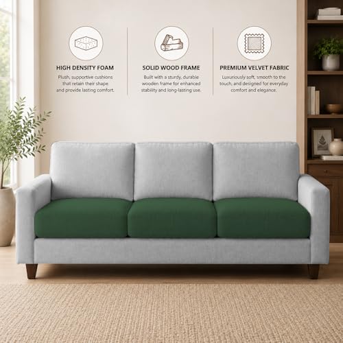 Image of Casaliving Gladino Modern Velvet Fabric Sofa, Tufted Design Upholstered 3 Seater Sofa Set for Living Room, Premium Velvet Fabric Sofa (Green Grey)