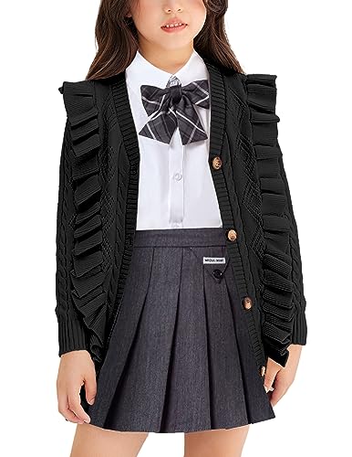 Image of Arshiner Girls Cardigan Sweaters Ruffle School Uniform Sweater V Neck Button Front Outerwear 4-13 Years