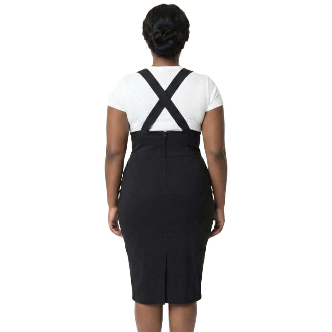 Tatyana Retro Pencil Jumper, Grey and White Check Pattern, Adjustable Straps, 1950s Vintage Style, High-Waisted: 2X Black