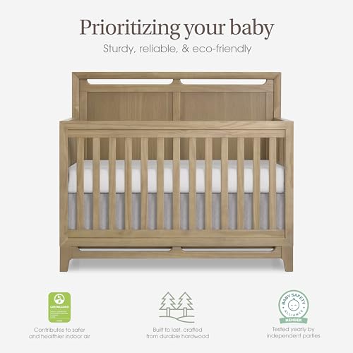 Image of Evolur Bradford 5-in-1 Convertible Full Size Baby Crib, Pinewood Nursery Converts to Daybed, Toddler Bed and Full-Size Bed, 3 Mattress Heights, GREENGUARD Gold & BSA Certified - Alpine Oak