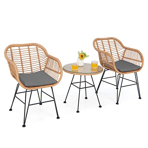 COSTWAY 3-Piece Rattan Garden Furniture Set, String Patio Bistro Set with Tempered Glass Table and 2 Chairs, Outdoor Wicker Dining Set Conversation Table Chairs for Terrace Yard Poolside (Grey)