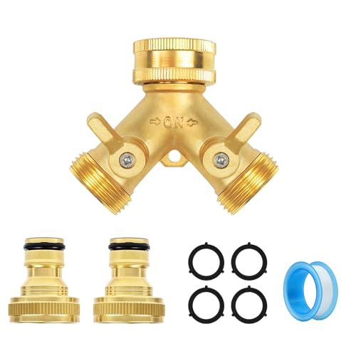 Hose Splitter 2 Way, Garden Tap Splitter 2 Way, 3/4 Brass Double Ways Connector with Individual On/Off & 2 Quick Connectors, Outdoor Water Tap Fitting for Garden Hose Pipe Connector Irrigation Tool