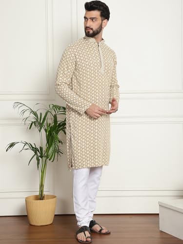 Image of SOJANYA (Since 1958 Men's Cotton Gold Embroidered Sequinned Kurta With white churidar Pyjama