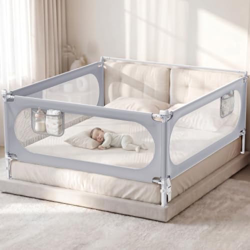 3-Side King Size Bed Rail for Toddlers with Headboard Rod No-Drill Baby Bed Rail Guard Adjustable Bed Side Rails for Kids Bed Safety Rails with Child Lock for King Size Bed (78.7x78.7x74.8)