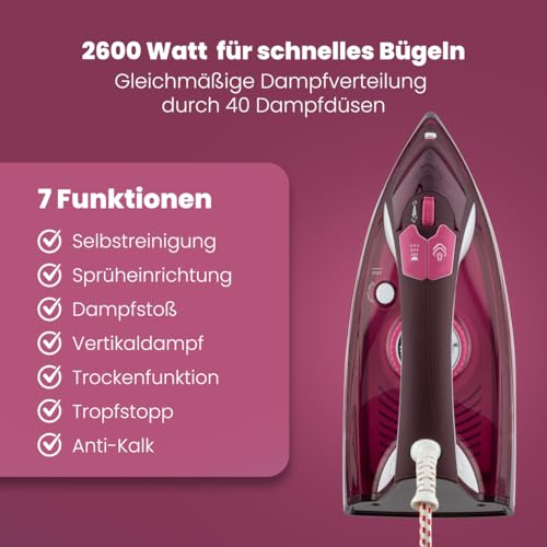 Clatronic® Dampfbügeleisen mit Keramiksohle | 2600W | Bügeleisen mit Dampf | 350ml Tank | schnelle Aufheizzeit | Steam Iron mit Tropfstopp und Anti-Kalk | Bügeleisen Dampf | DB 3705