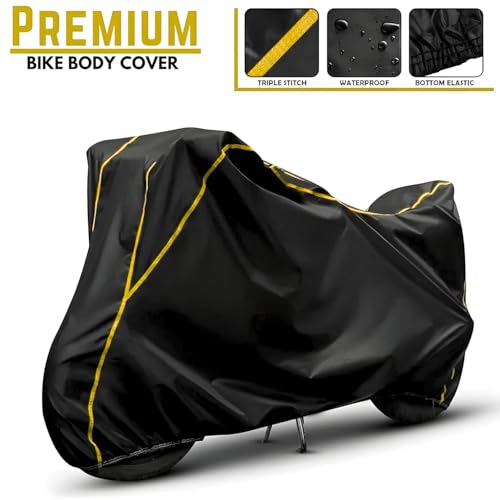 Image of Waterproof Bike Body Cover Compatible with Tvs Apache RTR 160 Dustproof Scratchproof - Motorcycle Cover for Two Wheeler, Outdoor Full Cover with UV, Duty, Rain Protection (Black & Yellow) R1