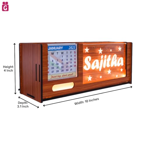 Image of stylish wooden pen stand | pen holder | desk organiser for office /study table with calendar &LED name light | customised personalised gift for men, women, girls - 3Box natural teek, brown