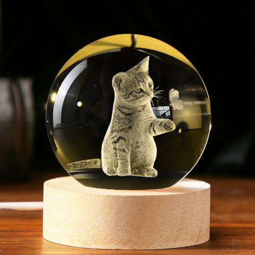 IFOLAINA Tema di sfera di cristallo 3D, regali per gli amanti dei gatti, donne, gatto, madre, sfera di vetro, gatto, regali correlati con base luminosa in legno