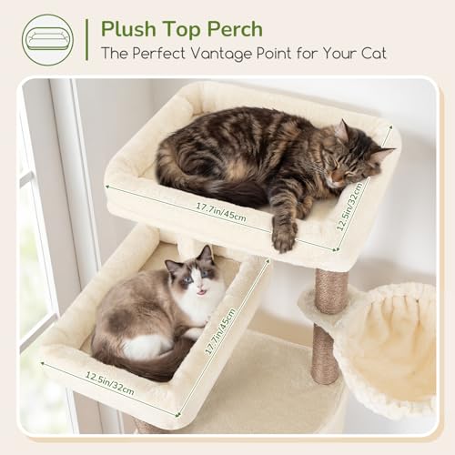 Image of Globlazer Tall Cat Tree Tower for Large Adult Cats, Multi-Level Large 65 Inch Cat Scratching Tower with Hammock, 6 Scratching Posts, Basket and 2 Perches for Indoor Multiple Cats, F65D, Beige