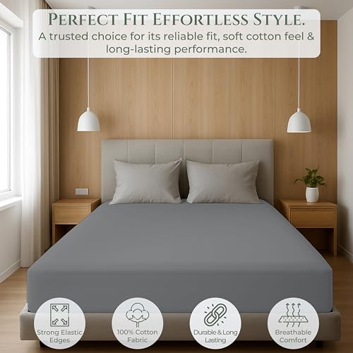 Image of Royale Linens 100% Organic Cotton Queen Fitted Sheet Only - Percale Weave - Super Soft Deep Pocket Bottom Sheets - Grey Elastic Sheet - Queen Size Fitted Sheets Only - (60 inchx80 inch+15 inch, Grey)