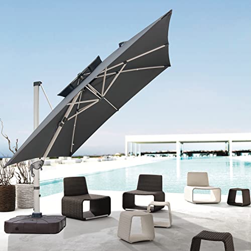10x10 FT Square Cantilever Patio Umbrella with Cross Base and Cover Included - 360° Rotation Large Heavy Duty Offset Outdoor Umbrella with Easy Tilt for Pool Backyard Deck Garden, Grey