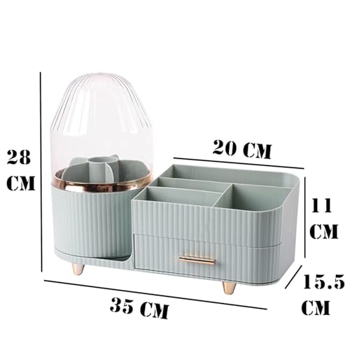 Image of SIBY ABS Plastic Cosmetic Storage Box for Women's | 360 Rotating Makeup Brush Holder for Dressing Table | Vanity Makeup Organizer Box with Transparent Cap and Drawer (Light Green)