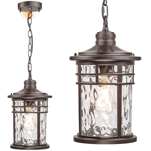 Image of Large Outdoor Pendant Light Dusk to Dawn Hanging Porch Light Anti-Rust Aluminum Exterior Hanging Lighting Fixtures for Front Door Gazebo E26 Socket Oil Rubbed Bronze Finish