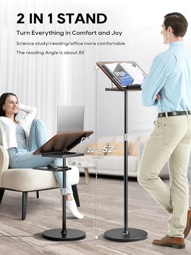 Image of 2 in 1 Adjustable Book Stand - Dual-Use Floor and Desktop Book Holder Stand, Height Adjustable 23.5-52 in, Elastic Page Clips for Music Sheet, Recipe, Tablet, Laptop-Black