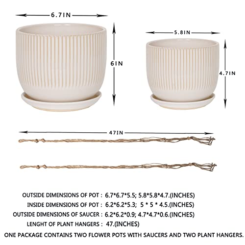 Fengson Ceramic Hanging Planters For Indoor Outdoor Plants,6.7+5.8 Inch Hanging Plant Pots With Saucers,Modern Plant Holder With Jute Rope For Succulents Cactus Herbs Plants, Home Decor Gift,Set Of 2 #TOP1