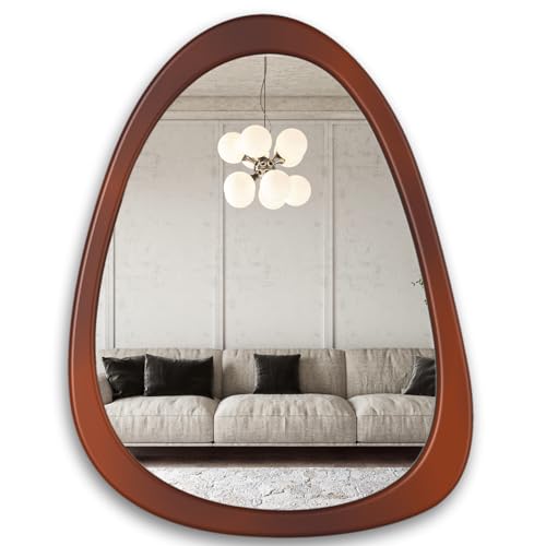 34″x 26″ Irregular Mirror, Wood Wall Frame Mirror, Asymmetrical Decorative Wall Wooden Mirror for Living Room Bedroom Entryway Bathroom Mid Century Home Decor Cherry Brown