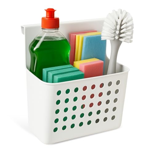 Cesto de almacenaje para puertas, Estante de cocina para colgar, Organizadora de Cocina con Gancho, Apta para colgar en mueble, 26 cm altura, 24.5 cm ancho, 13 cm fondo, Plástico, Blanco