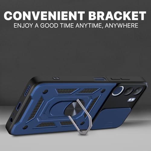 Image of Pikkme Back Cover for Vivo Y29 5G / Vivo Y19s | D10 Tough Armor | 360 Protection Case | Sliding Camera Shield Cover & Ring Holder Stand Bumper Case (Blue)