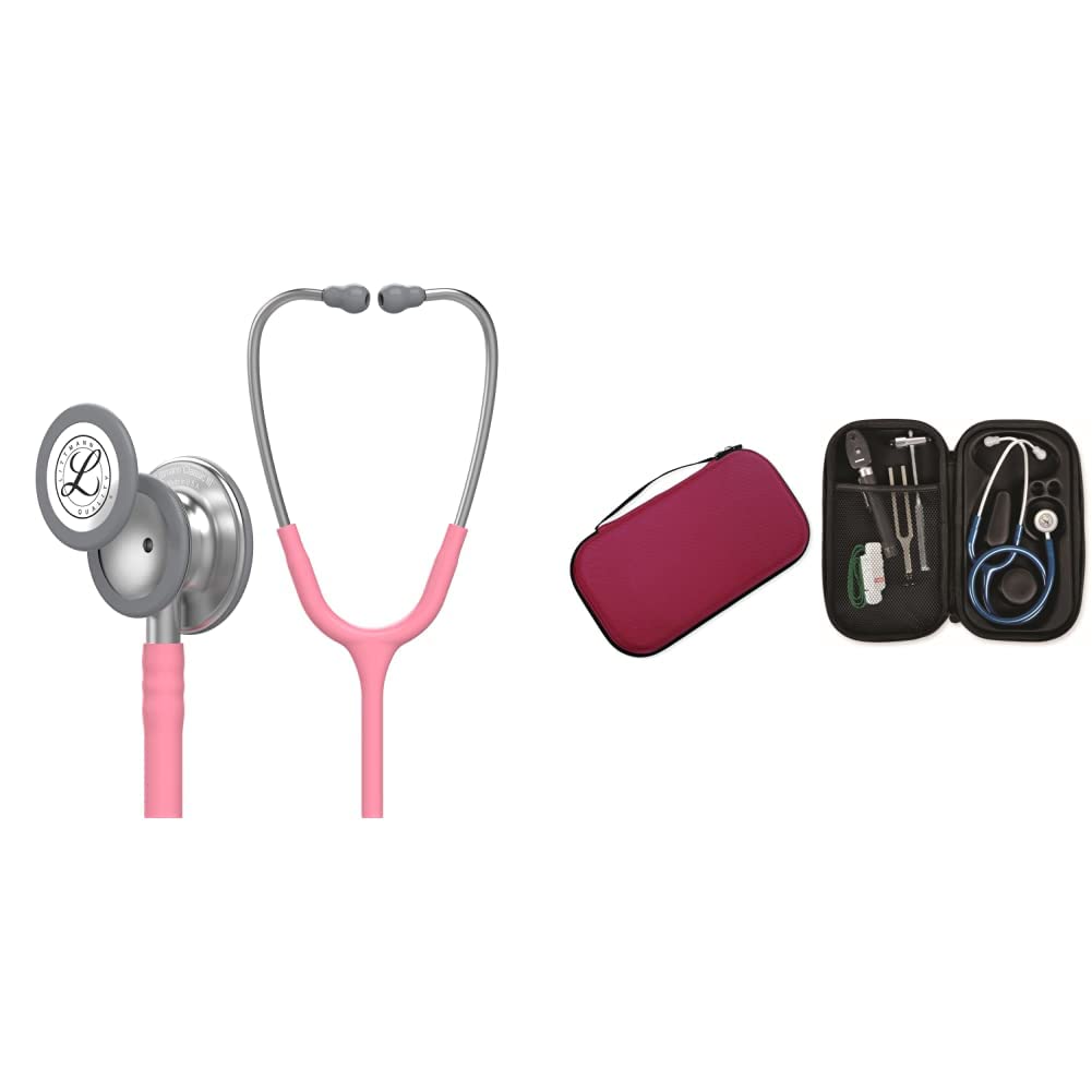 3M Littmann Classic III, Stetoscopio per il monitoraggio, tubo auricolare rosa perlato, 69 cm, 5633 + GIMA ASTUCCIO PORTA FONENDO, Bordeaux, Uso Professionale
