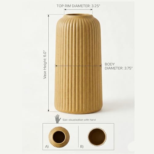 Image of KREATIVE ART'S Modern Ribbed Design Ceramic Flower Vase for Living Room, Flower Pots for Artificial Flower, Home Decoration Item, Home Decor, Vases for Living Room (Textured Brown, Small)