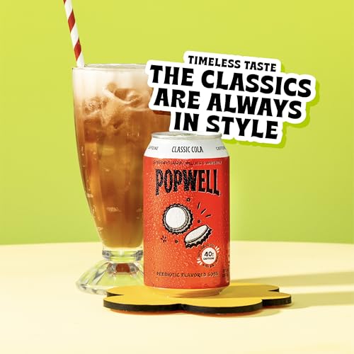Image of Popwell Classic Cola Caffeinated Better-For-You Prebiotic Soda, with 6g Fiber, 1g Sugar, Vitamins and Immunity Support, 12 fl oz Cans (pack of 12)