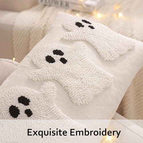 Tosleo Halloween Throw Pillow Covers 12x20 inch Set of 2 Halloween White Three Ghosts Embroidered Pillow Cases Thanksgiving Home Party Fall Decor Pillowcases Lumbar Cushion Covers for Spooky Season
