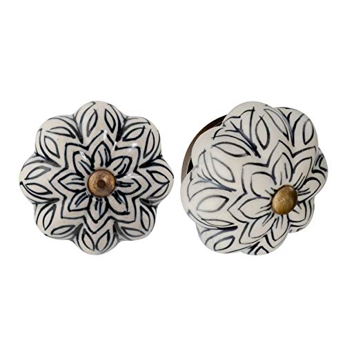 Nicola Spring Ceramic Cupboard Drawer Handle Knobs - Vintage Flower Design - Black - Pack of 6