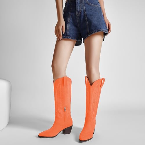 Cowboy Boots for Women Knee High Cowgirl Boots with Classic Embroidered Side Zipper Pointed Toe Chunky Heel Pull On Fashion Retro Tall Boot4