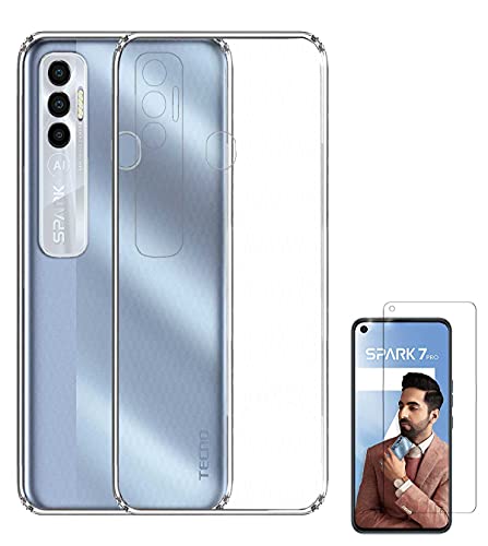 Image of Soft Flexible Silicone Back Cover Compatible with Tecno Spark 7 Pro, Transparent Case + Screen Guard