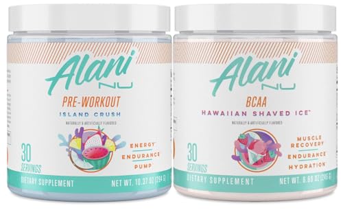 Alani Nu Island Crush Pre Workout and BCAA Hawaiian Shaved Ice Post Workout Powder Bundle | L-Theanine, Beta-Alanine, Citrulline | Branch Chain Essential Amino Acids | 30 Servings per Container