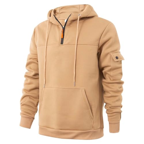 Sudadera con capucha para hombre con cremallera 1/4, sudadera monocolor, corte regular, informal, cómoda, suave, jersey de entretiempo, corte regular, camiseta de manga larga con bolsillo canguro