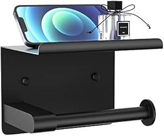 Matte Black Toilet Paper Holder with Shelf, Fits Mega Rolls, Rustproof Stainless Steel, Self Adhesive Wall Mount Toilet Paper Roll Holder, for Bathroom, Washroom, Kitchen, RV