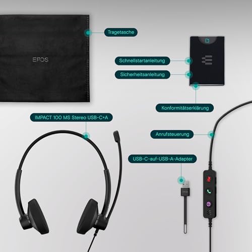 EPOS Impact 100 MS Teams Stereo USB-C+A Headset mit Mikrofon, Microsoft Teams Zertifiziert, Ger&auml;uschunterdr&uuml;ckung, leichtes Design, USB-Adapter, UC Business Kopfh&ouml;rer, weiche Ohrpolster, schwarz