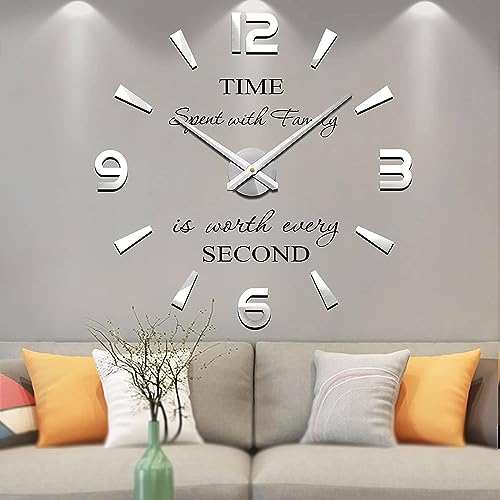 VANGOLD Large 3D Wall Clock DIY Wall Decoration Clock with Mirror Surface Sticker for Office Home Living Room Decor