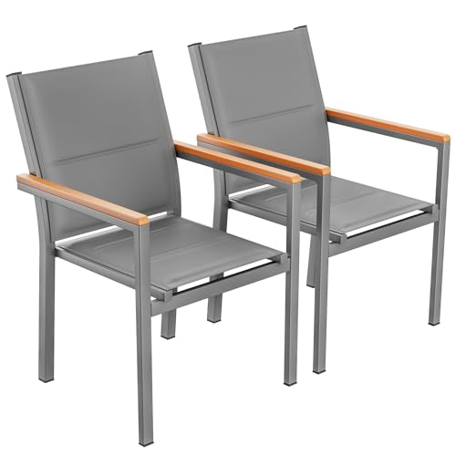 LIFERUN Krzesła ogrodowe, zestaw 2 sztuk, aluminium, z pikowanym oparciem i siedziskiem, krzesło do jadalni, poręcz WPC, krzesła balkonowe, na taras, balkon, taras, basen, restauracje, szare, 2 szt