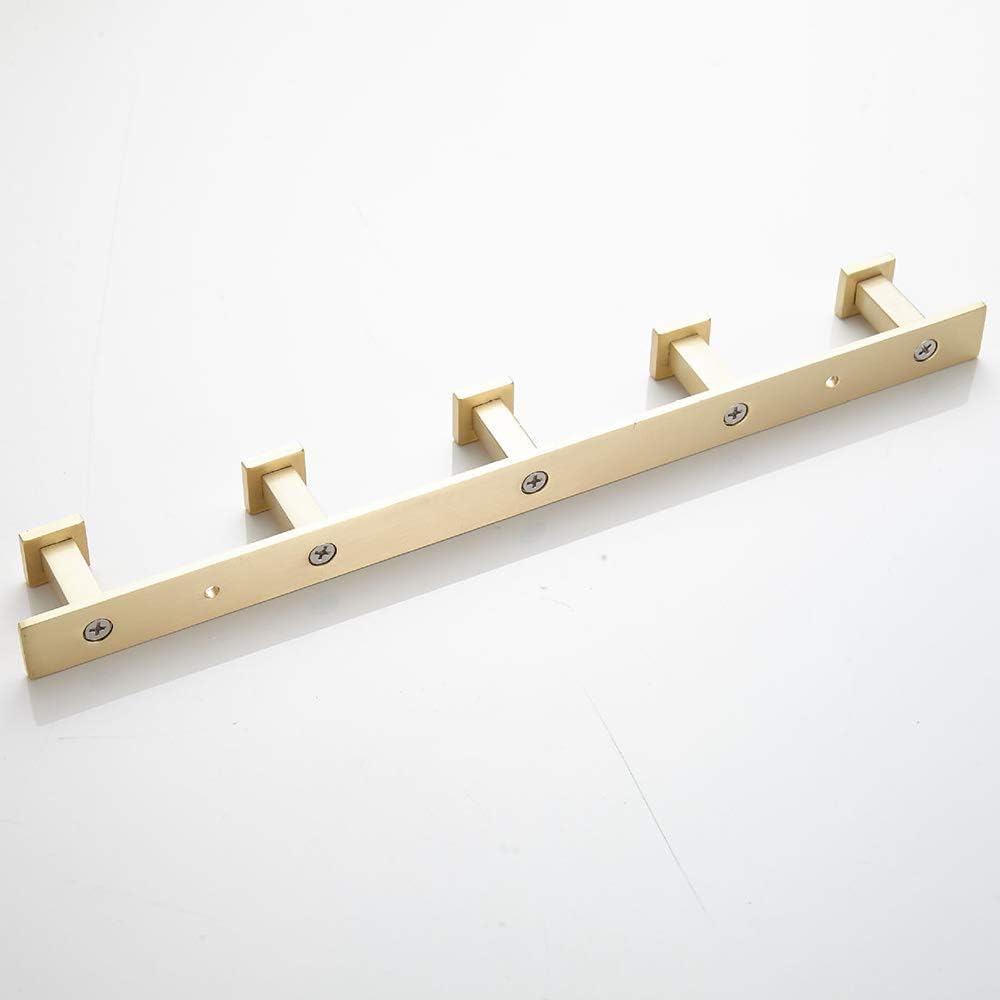 Türhänger, Wandhaken, Kleiderhaken mit 5 quadratischen Haken, an der Wand montierter Bademantelhaken, Messing-Handtuchhaken, robuste Garderobe for Aufhängen von Mänteln, Schraubmontage, 37 cm, helles