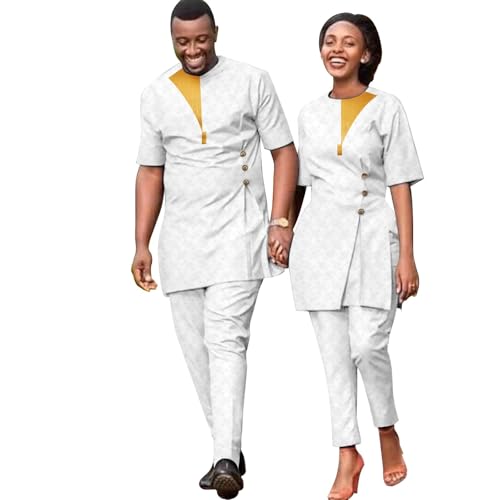 African Suits for Couple Women and Men Short Sleeve Embroidery Shirt Pants 2 Piece Set Matching Outfits