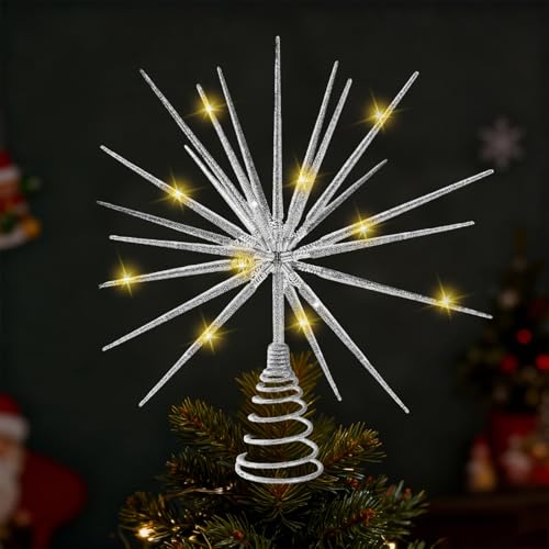 Puntale per albero di Natale con 20 LED, puntale a forma di stella con ornamento natalizio, puntale a stella per albero di Natale per decorazione interna (Argento)