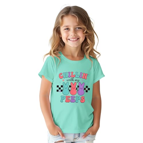 Image of Girls Easter Bunny Shirts Chillin with My Peeps Letter Print T-Shirt Cute Rabbit Short Sleeve Tee Tops
